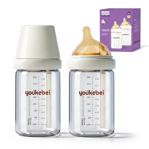 YOUKEBEI Natural Glass Baby Bottle for Breastfed Babies, Anti-Colic Baby Bottle Set with