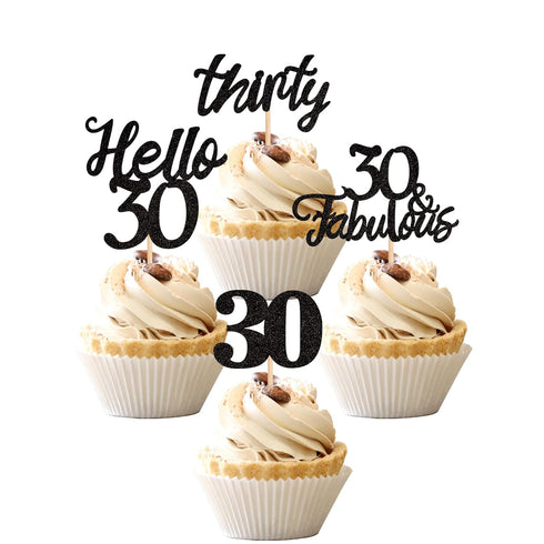 24 PCS 30th Birthday Cupcake Toppers, Hello 30 Cake Topper, Thirty 30 & Fabulous Cupcake Picks, 30th Birthday