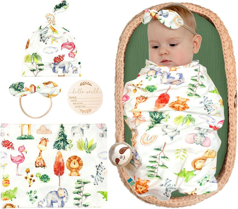 Animal Newborn Swaddle Blanket, Baby Receiving Blankets with Headband and Beanie Set