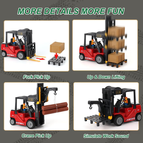 Set 11 6+ RC Forklift with Trailer, Kids Forklift Construction Toys with Lift Fork & Hook & Flatbed, Channel Kids