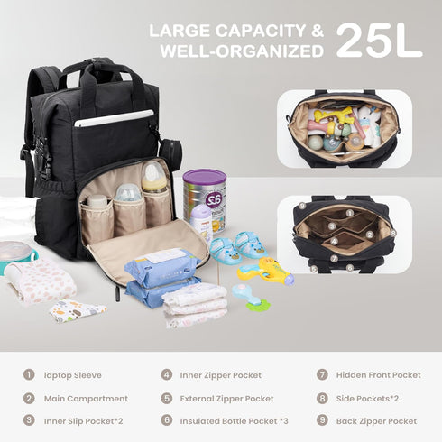 Backpack, Backpack VONAL Diaper Bag Lightweight Baby Diaper Bags, Travel Large Diaper Bag with Changing Station, Black