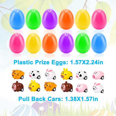 12PCS Easter Eggs Filled with Pull Back Car Toys, Easter Basket Stuffer for Toddler Boy Girl, Plastic Easter Eggs