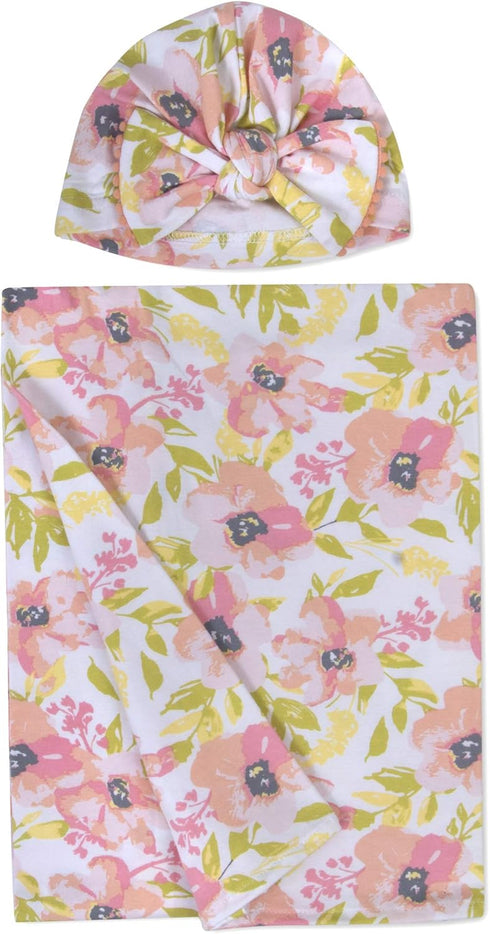 Baby Cotton Swaddle Blanket Wrap with Headband or Hat Set for Newborns and Infants 0-6 Months, Boys and Girls (Summer