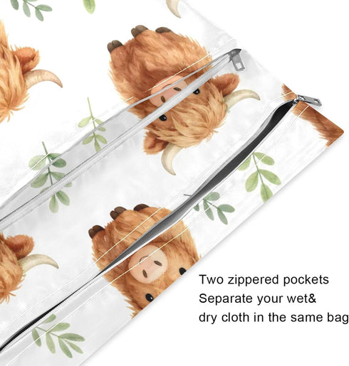 Haskirky 2 Cute Highland Calf Pcs Cloth Diaper Wet Dry Bags,Waterproof and Washable Bag for Travel Reusable Wet Bag