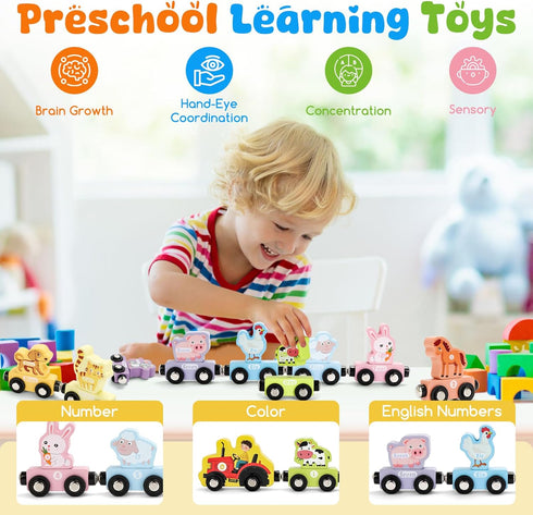 Set 11 TenFans Montessori Toys, Magnetic Wooden Animal Train for Toddlers, Pieces, Educational Preschool Learning Toys