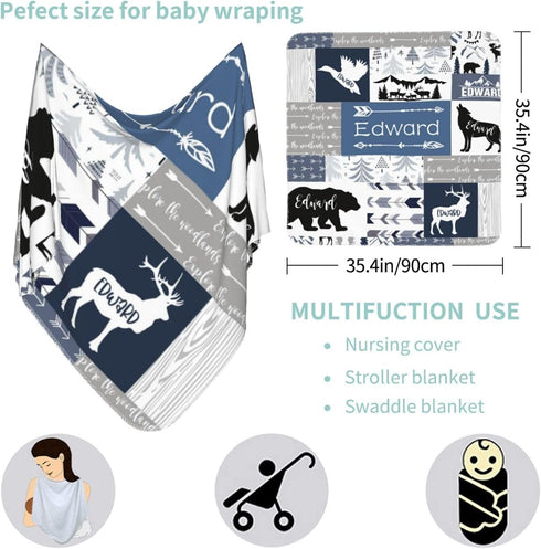 MilSall Set Personalized Swaddle Blanket With Hat and Bow Headband - Custom Newborn Receiving Blankets - Baby Girl Boy