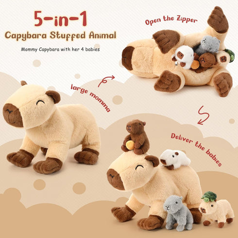 5-in-1 15.75'' Mommy 4 Set, Capybara Stuffed Animals with Babies Inside, Capybara with Cute Babies Plush Pillow