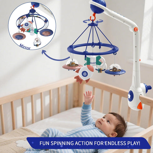 Musical Baby Mobile, Space Themed Nursery Mobile with Light Projection, Rocket and Spaceship Teether Toys, Hanging Toy