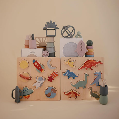 mushie Wooden Dino Puzzle - 7 pcs for Kids 3 Years+, Preschool Educational & Toddler Montessori Toys