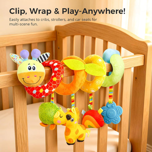 0-6-12 Carseat Toys Hanging for Babies Months, Crib Toy Hanging Plush Spiral Car Seat Toy, with Rattle, Teether