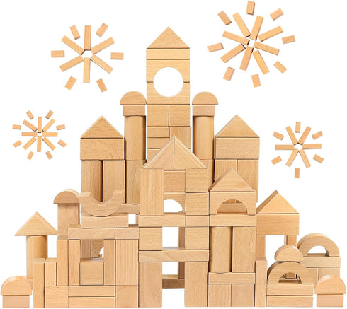 MEEYOO 100pcs Natural Beech Wooden Building Blocks for Toddlers 1-3, Wooden Blocks for