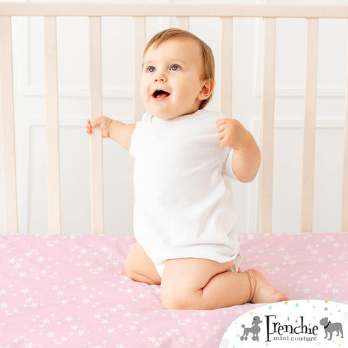 Frenchie Mini Couture 100% 28 52inx8in, 2-Pack Fitted Crib Sheets Woven Cotton Fits Toddler Mattress, Pink Stars, x