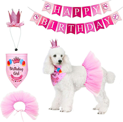 ADOGGYGO Dog Birthday Hat Bandana Set - Pink Tutu Hat Scarf for Medium Large Dogs