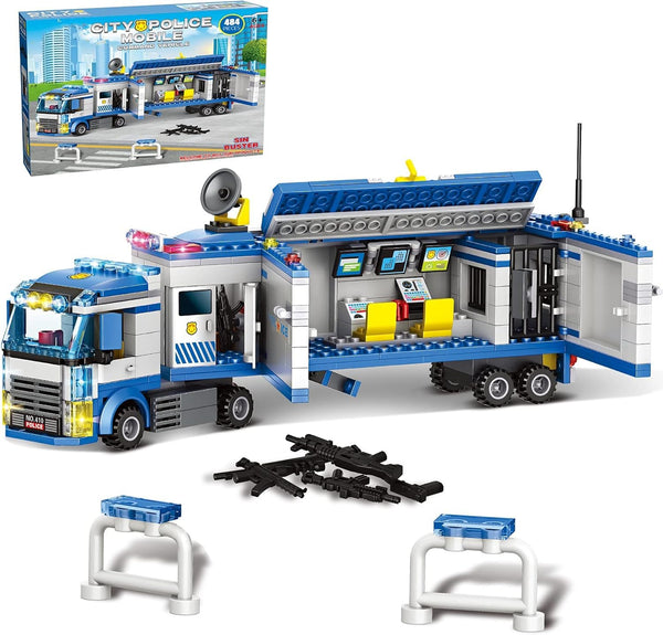 City Police Mobile Command Center Truck Building Blocks, Mobile Police Unit with Cop Cars, STEM Toy Kit