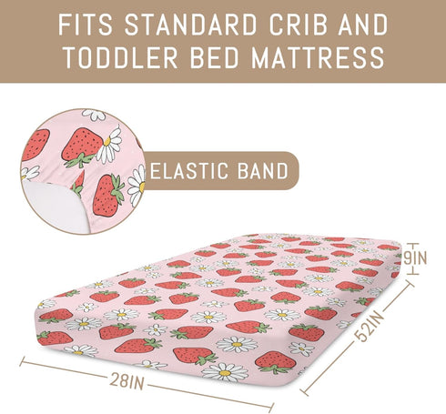 Selgkds 52''x28'' Summer Cute Strawberry Daisy Baby Crib Sheets for Boy Girl Red Strawberries Floral Soft Snug Fitted