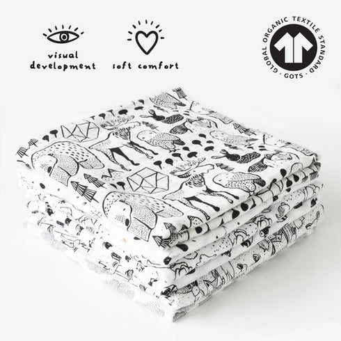 Wee Gallery Organic Muslin Swaddle - Nordic Woodland Animals Design, Black and White for Baby Development