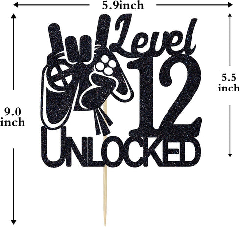 Cos mos Video Game Level 12 Unlocked Birthday Cake Topper, Black Glitter Decorations for 12th Birthday Party