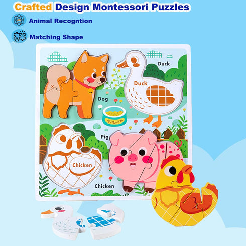 2 3 2-4, 1-3 Learning Farm Animal Jigsaw Puzzles for Toddlers, Gifts for Years Old Girls Boys,Wooden Montessori Puzzle