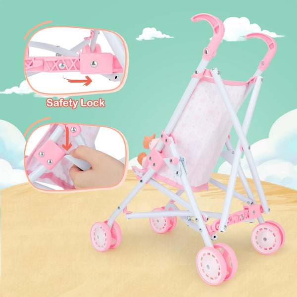 deAO Baby Doll Stroller Set with 13" Doll, 18 PCS Accessories, Foldable Stroller, Kids Play Toys