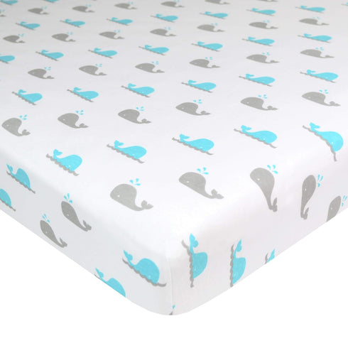 TL Care 100% Natural Cotton Fitted Mini Crib Sheet, Aqua Whale, 38" x 24", Soft & Breathable, Fits Pack N Play