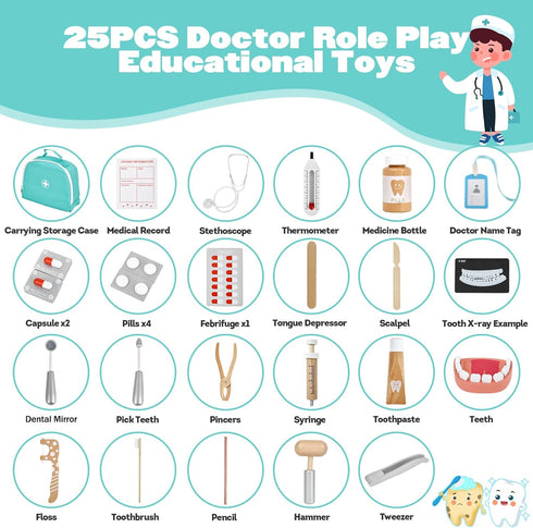 Set, 25Pcs 3-8 Doctor Kit for Kids, Dentist Pretend Play Educational Doctor Toy Wooden Medical Kit with Stethoscope