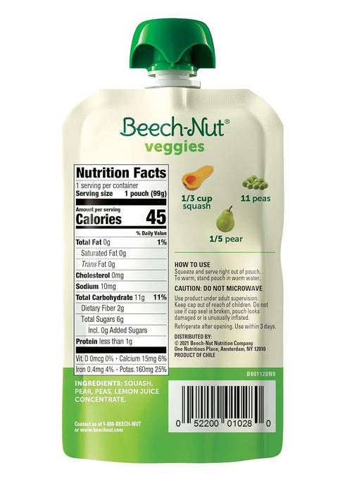 Beech-Nut Baby Food Pouches, Squash Peas Pears Veggie Puree Baby & Toddler Food, 3.5 oz (12 Pack)