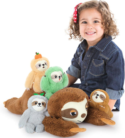 Tezituor Sloth Plush Toy Set of 5, Mommy Sloth Stuffed Animal with 4 Plush Sloth Babies, Gifts for Kids Age 3-9