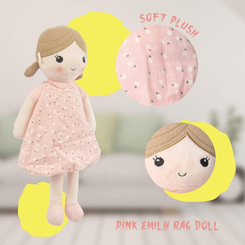 15" (89835) Linzy Toys, Soft Plush Light Pink Blue Emily Rag Doll for Girl, My First Rag Doll, Muecas de Trapo para