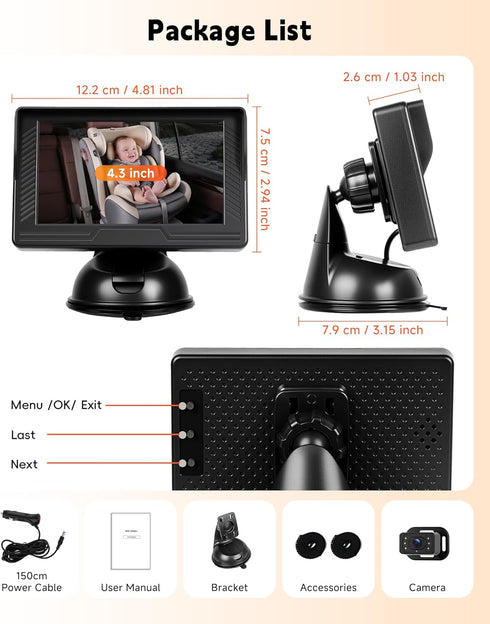 Rimoody 4.3'' 360 Baby Car Camera for Backseat, HD Display Baby Car Mirror with Night Vision Feature, Wide View Angle