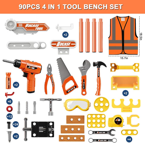 Kids Tool Bench - 4 in 1 Toy Workbench with Storage Box, 90pcs Electric Drill Tool Set for Ages 3-8