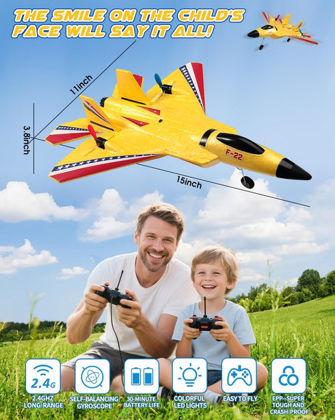 F22 2 2.4GHz ANTSIR Raptor RC Airplane, Durable Foam Remote Control Jet with Gyro & LED Lights, Rechargeable Batteries