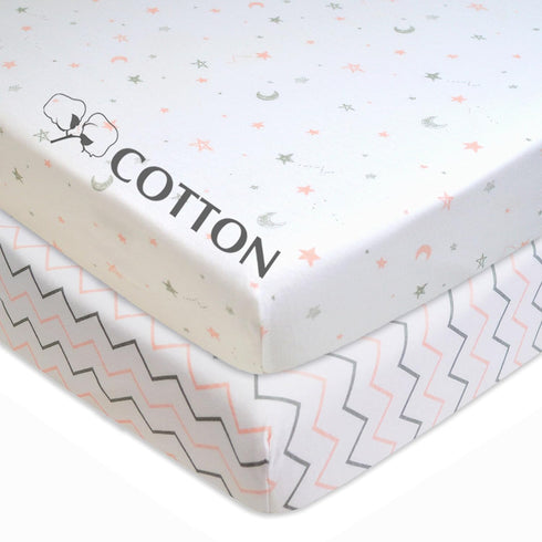 American Baby Company 2 Pack 100% Natural Cotton Fitted Pack and Play Sheets, 39" x 27", Pink Stars/Zigzag