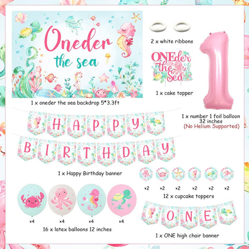 1st Oneder the Sea Birthday Girl Decorations, Under the Sea Ocean Animal Happy Birthday Backdrop Banner High Chair