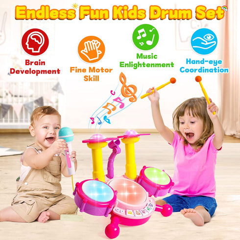 Kids Drum Set for Toddlers 1-3 - Musical Baby Girl Toys, Educational Microphone Instruments for 1 Year Old Gifts