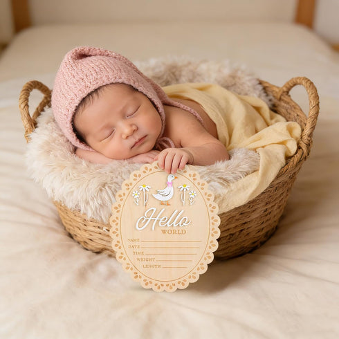 Penitue 15cm/5.91in Baby Girl Announcement Sign, Double-Sided Wooden Hello World Newborn Sign Welcome Baby Board Birth