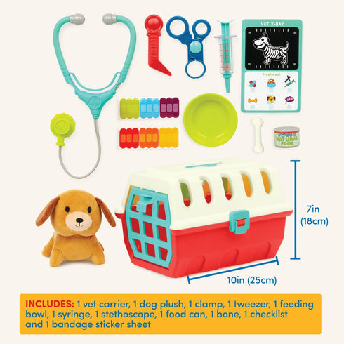 Battat – Mini Vet Playset (11Pc) - Plush Dog & Carrier with Stickers, Checklist, and Toy Stethoscope