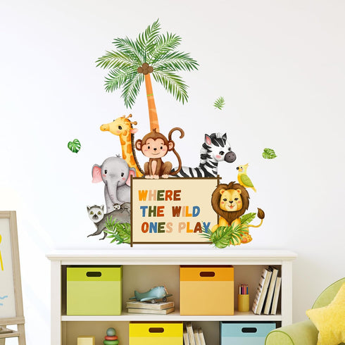 Supzone Jungle Animals Wall Decals Playroom Wall Stickers Where The Wild Ones Play Elephant Giraffe Lion Monkey Wall