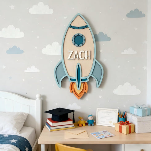 Personalized Rocket Name Sign for Kids Room, Custom Wooden Space Wall Decor with Name, Nursery Wall Art for Boys