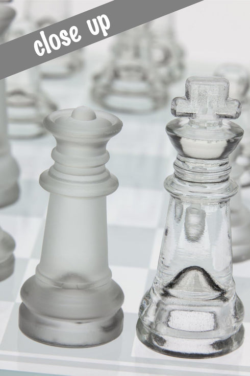 Gamie 14 Inch Glass Chess Set for 2 Players - Elegant Design - 32 Frosted and Clear Pieces - Durable Build