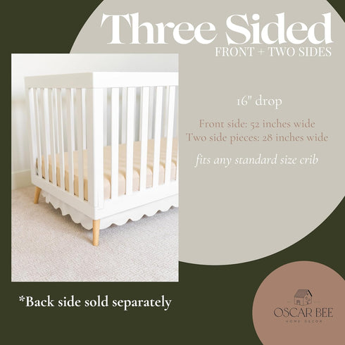 White Scalloped Crib Skirt Ruffle (Front/Two Sides) Adjustable Linen Cotton Blend, Neutral Baby Bedding for Boys