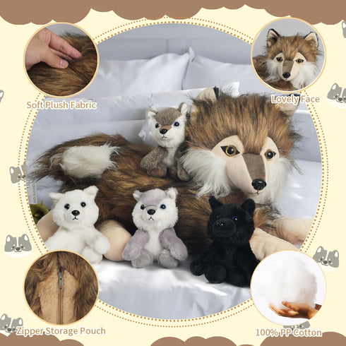 Plush Wolf with 4 Cubs Toy Set, 16 Inch Mommy Wolf Stuffed Animal with 4 Wolf Babies in Zippered Pouch