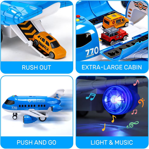 CUTE STONE Toy Airplane with Lights & Sounds, Friction Powered Plane Toy with Mini Cars for Kids, Great Gift for Boys