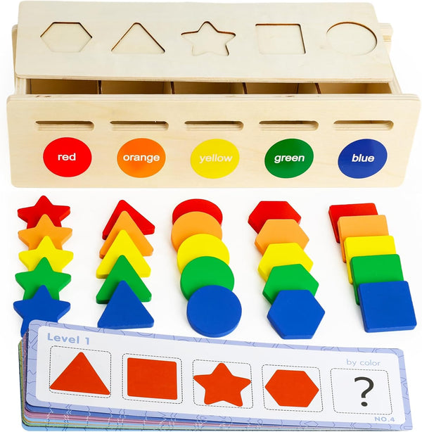 LovesTown Montessori Wooden Color & Shape Sorting Box, Early Educational Matching Toys for Baby Toddlers