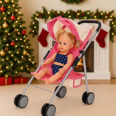 18" 2 fash n kolor My First Doll Stroller with Basket - Pink Off-White Foldable Doll Stroller - Fits Upto Dolls, Free