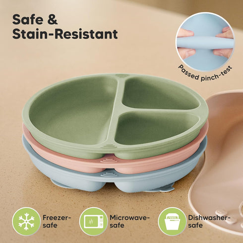 KeaBabies 3-Pack Suction Plates for Baby, Toddler - 100% Silicone Divided Plates, BPA-Free, Microwave & Dishwasher Safe