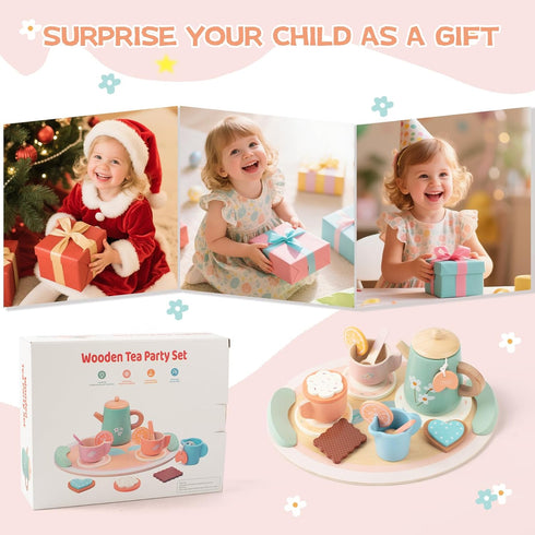 Set Set 3 4 5 Tea Party for Little Girls, Wooden Kids Tea with Teapot Cups Coasters Carrying Dessert, Picnic Outdoor