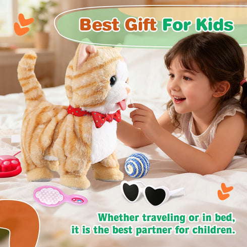 HCdoujoy Set Yellow Walking Cat for Girls Toy Talking Singing Animated Robot Kitty Interactive Plush for Cat for Kids