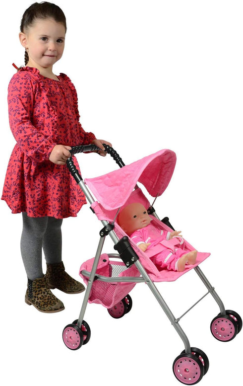 My First Doll Stroller with Basket - Pink Quilted Design