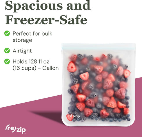 (re) zip Gallon Reusable Storage Bags, BPA-Free, Leakproof, Food-Grade 100% Food-Safe PEVA, 4-Pack, Clear