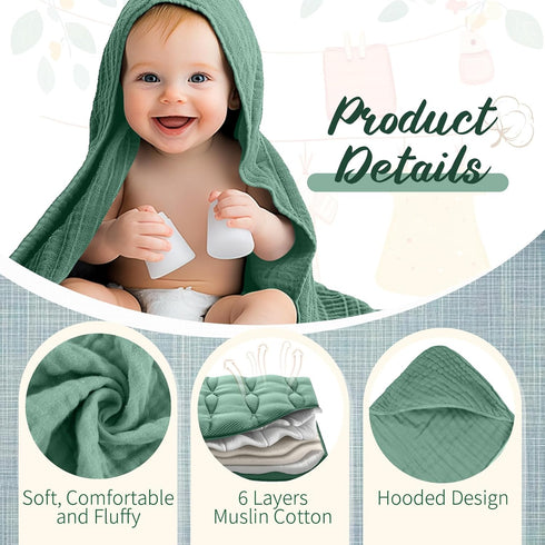 VitalCozy 8 (32 32 Inch,Modern Pcs Baby Muslin Hooded Bath Towels and Washcloths Muslin Cotton Hooded Baby Towels
